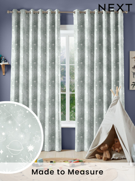 Sage Green Kids Space And Moon Made To Measure 100% Cotton Curtains (U61336) | £82