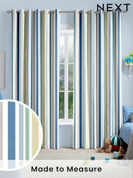 Blue Multi Kids Stripe Made To Measure 100% Cotton Curtains (U61349) | £82