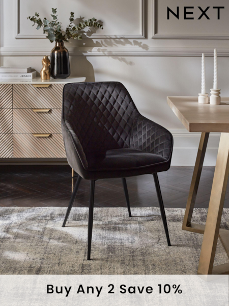 Set of 2 Soft Velvet Black Hamilton Black Leg Quilted Dining Chairs (U63436) | £310