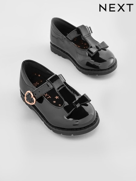 Black Patent Wide Fit (G) School Junior Bow T-Bar Shoes (U66750) | £18 - £24