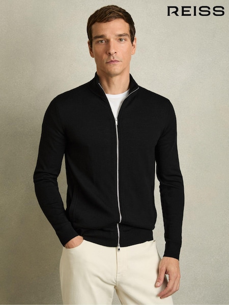 Reiss Black Hampshire Merino Wool Zip-Through Cardigan (U70193) | £118