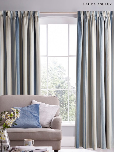 Laura Ashley Seaspray Blue 100% Cotton Awning Stripe Blackout/Thermal Pencil Pleat Curtains (U71454) | £50 - £285