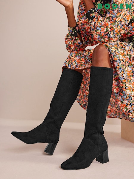 Boden Black Chrome Heeled Stretch Knee High Boots (U74667) | £130