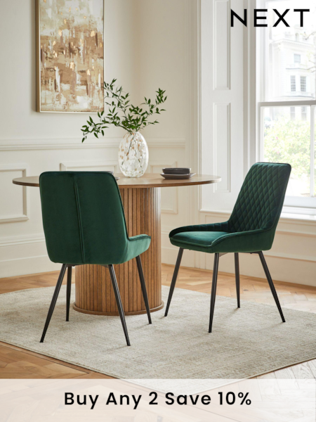 Set of 2 Soft Velvet Emerald Green Hamilton Black Leg Quilted Dining Chairs (U75007) | £260