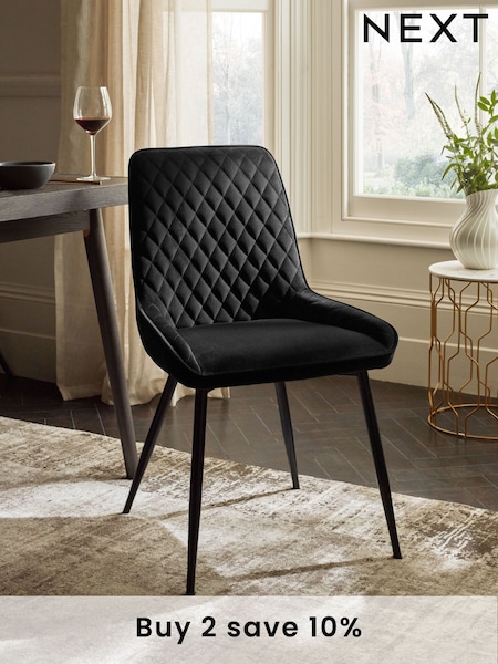 Set of 2 Soft Velvet Black Hamilton Black Leg Quilted Dining Chairs (U75008) | £260