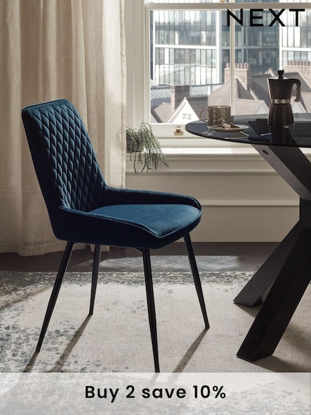 Set of 2 Soft Velvet Navy Blue Hamilton Black Leg Quilted Dining Chairs (U75009) | £260