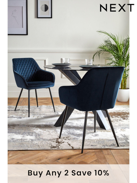 Set of 2 Soft Velvet Navy Blue Hamilton Black Leg Quilted Dining Chairs (U75068) | £310