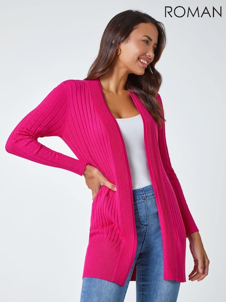 Roman Pink Longline Stretch Ribbed Cardigan (U75106) | £32