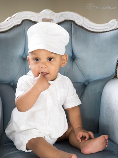Emile Et Rose White Traditional Linen Romper And Baker Boy Hat Set (U75256) | £53