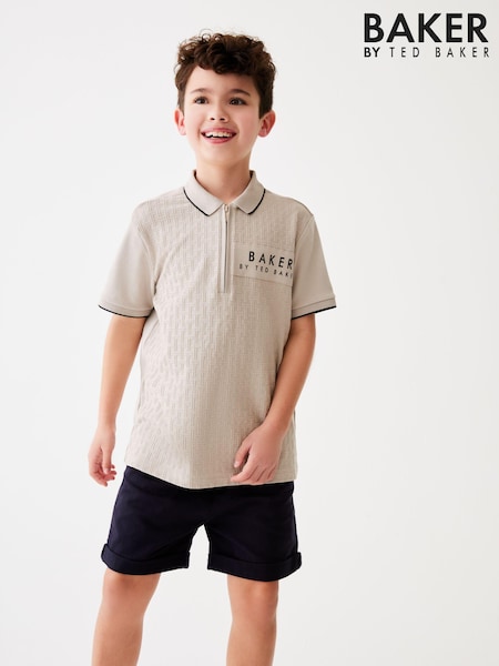 Baker by Ted Baker Quarter Zip 100% Cotton Textured Polo Shirt (U77875) | £20 - £26