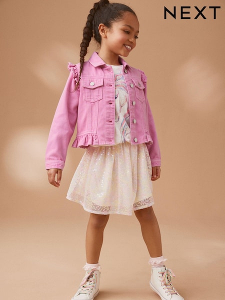 Bright Pink Frill Shoulder Denim Jacket (3-16yrs) (U78169) | £20 - £26
