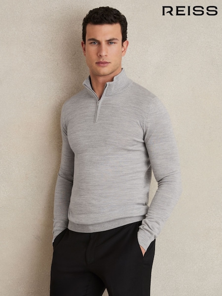 Reiss Soft Grey Mouline Blackhall Merino Wool Half-Zip Funnel Neck Jumper (U79730) | £98