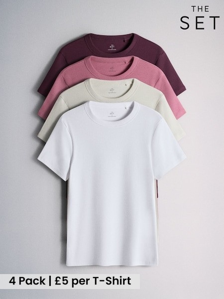 Pink/Burgundy/White/Neutral - The Set 4 Pack Ribbed Short Sleeve T-shirts