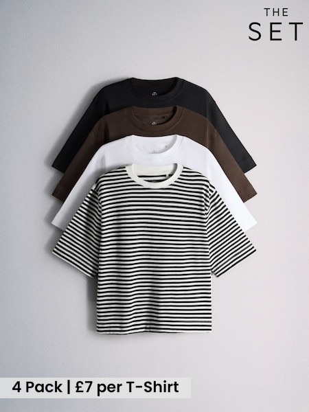 Black/White/Brown/Stripe - The Set 4 Pack Heavyweight Short Sleeve T-shirts