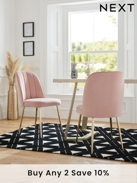 Set of 2 Soft Velvet Blush Pink Stella Gold Effect Leg Dining Chairs (U83825) | £260