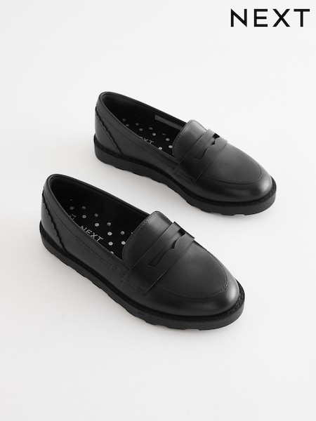 Black Matt School Leather Loafers (U84619) | £33 - £40