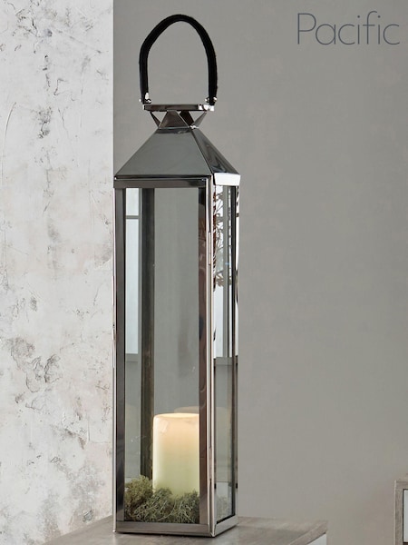 Pacific Silver/White Shiny Nickel Stainless Steel Large Glass Square Lantern (U88894) | £170