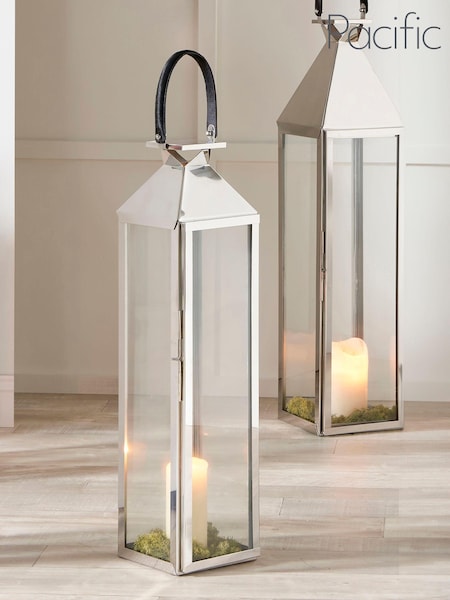 Pacific Silver/White Shiny Nickel Stainless Steel Medium Glass Square Lantern (U92198) | £140