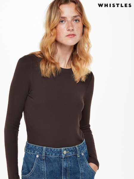 Whistles Brown Essential Ribbed Crew T-Shirt (U94632) | £59