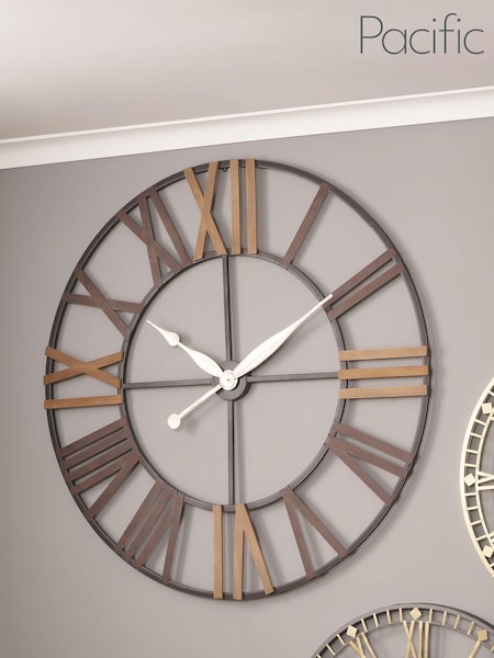 Pacific Grey Antique Metal and Wood Round Wall Clock (U94845) | £180