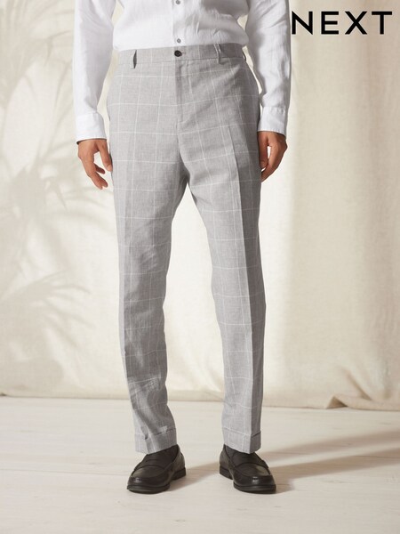Light Grey Slim Fit Linen Blend Check Suit: Trousers (U95955) | £6