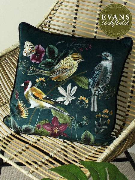 Evans Lichfield Green Multicolour Midnight Garden Birds Piped Velvet Cushion (U96431) | £20