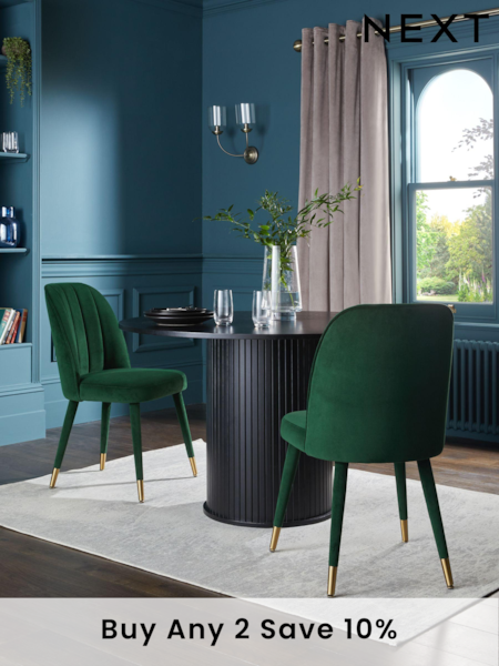 Set of 2 Soft Velvet Emerald Green Harper Upholstered Leg Dining Chairs (UYX678) | £290