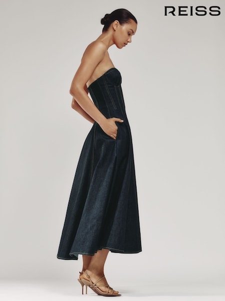 Reiss Indigo Blue Rosa Strapless Structured Denim Midi Dress (V00007) | £325