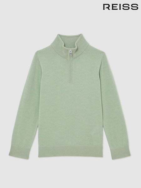 Reiss Light Sage Green Blackhall 13-14 yrs Merino Wool Half-Zip Funnel Neck Jumper (V00013) | £42