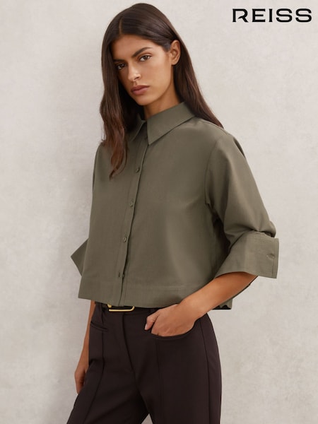 Reiss Khaki Green Caylan Cotton and Wool Cropped Shirt (V00016) | £98