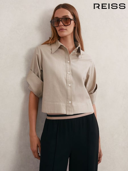 Reiss Neutral Caylan Cotton and Wool Cropped Shirt (V00018) | £98