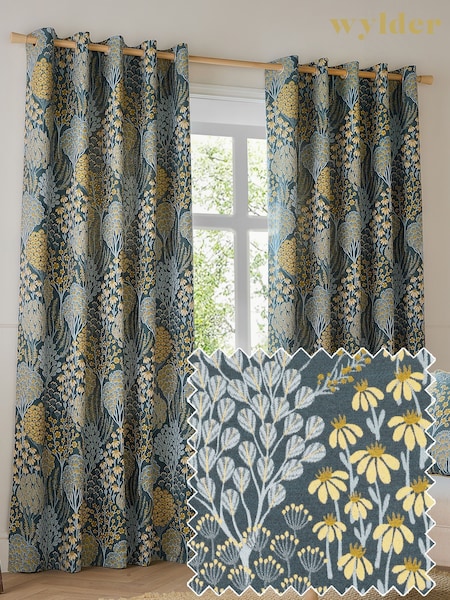 Wylder Blue Ophelia Floral Jacquard Eyelet Curtains (V00326) | £68 - £165
