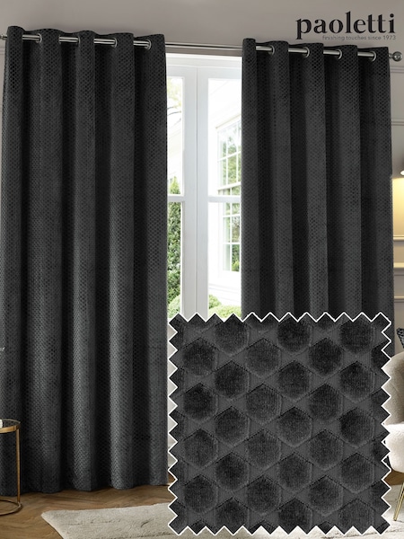 Paoletti Grey Neptune Cut-Velvet Eyelet Curtains (V00334) | £59 - £155