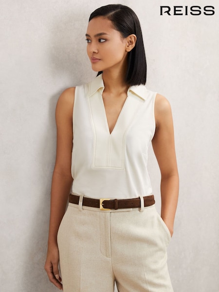 Reiss Ivory/Neutral Maisie Cotton-Blend Collared Sleeveless Top (V00386) | £78
