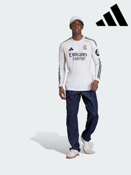 adidas White Real Madrid 25/26 Long Sleeve Home Jersey (V00465) | £90