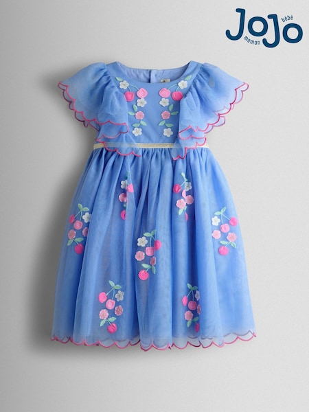 Cornflower Blue Floral And Cherry Appliqué Tulle Party Dress (V00498) | £36 - £42