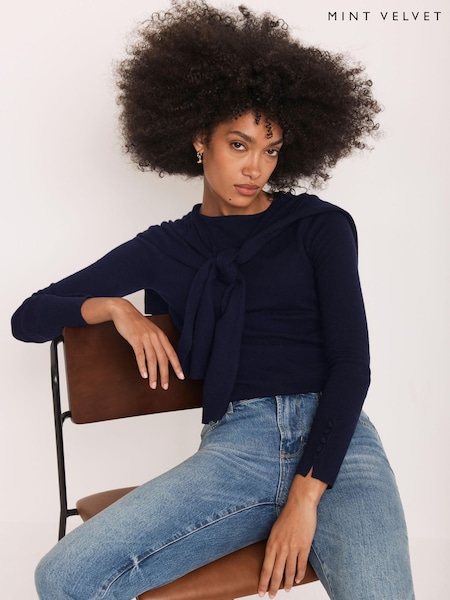 Mint Velvet Blue Cotton Blend Scarf Detail Jumper (V00772) | £89
