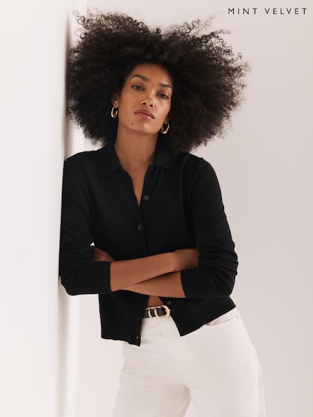 Mint Velvet Black Cotton Blend Button Collar Cardigan (V00779) | £79