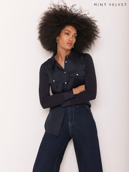 Mint Velvet Blue Satin Utility Shirt (V00792) | £89