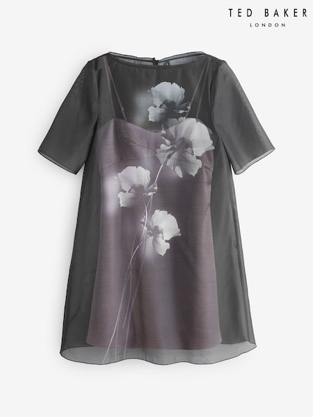 Ted Baker Black Fallyn Printed Organza Overlay Mini T-Shirt Dress (V00869) | £229
