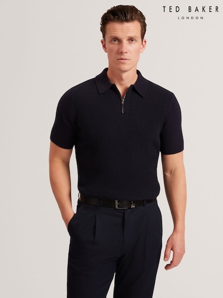 Ted Baker Blue Jaylon Shot Sleeve Waffle knit polo Cardigan (V00889) | £109