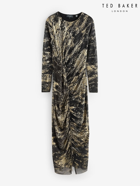 Ted Baker Black Nohaa Foil Printed Long Sleeve Mesh Bodycon Dress (V00908) | £149