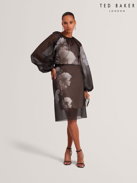 Ted Baker Black Plaaza Puff Sleeve Blouse With Organza Overlay (V00920) | £139