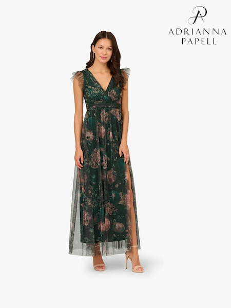 Adrianna Papell Green Print Tulle Maxi Dress (V01089) | £179