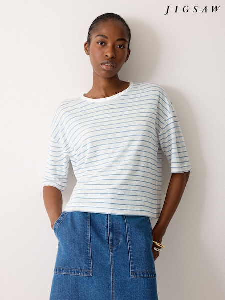 Jigsaw Blue Satin Trim Linen Stripe T-Shirt (V01125) | £89