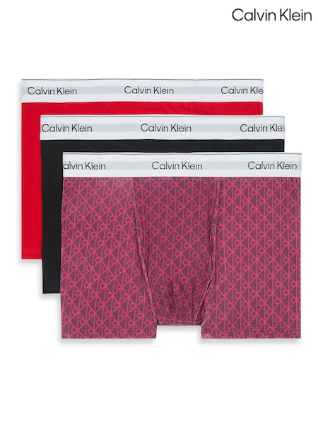 Calvin Klein Red/Black/All Over Print Icon Cotton Stretch 3 Pack Boxer Trunks (V01439) | £44