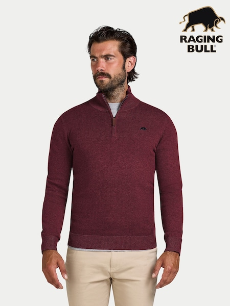 Raging Bull Red Classic Quarter Zip Cotton Cashmere Knit Jumper (V01496) | £90 - £100