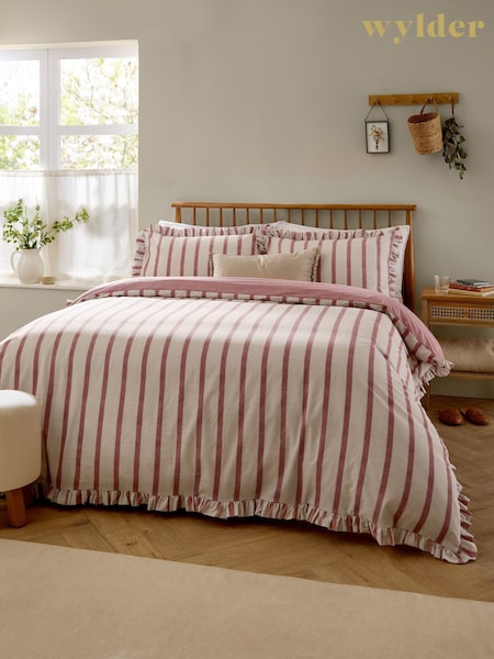 Wylder Clay Pink Connie Stripe Ruffle Duvet Cover & Pillowcase Set (V01675) | £32 - £60