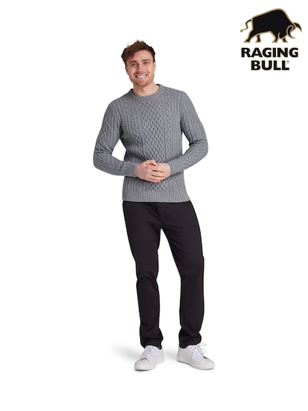 Raging Bull Grey Chunky Cable Crew Neck Knit Jumper (V01717) | £100 - £110