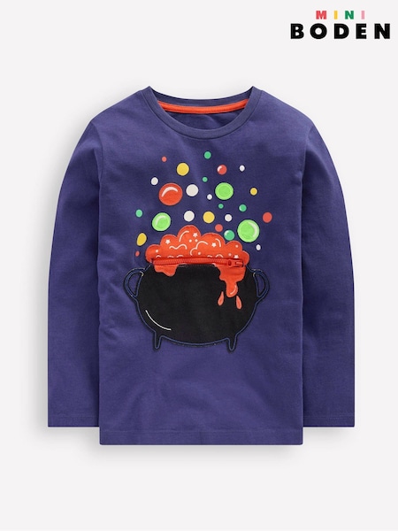 Boden Blue Zip Detail Appliqué Halloween T-Shirt (V01797) | £22 - £25
